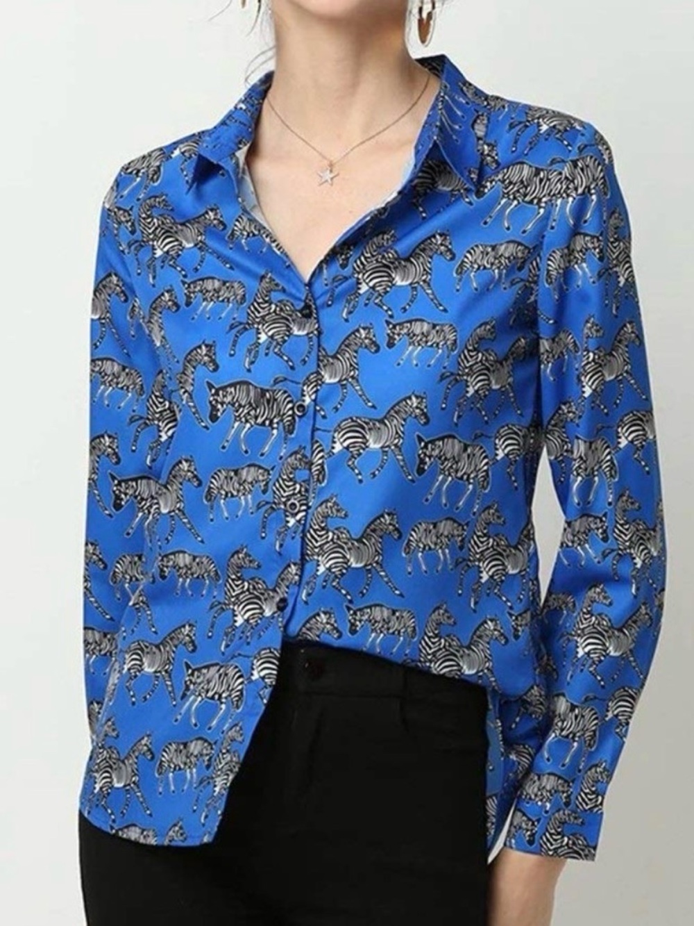 Zara Royal Blue Long Sleeve Button Down Top Shirt Zebra Prints Sz XS - Picture 5 of 12